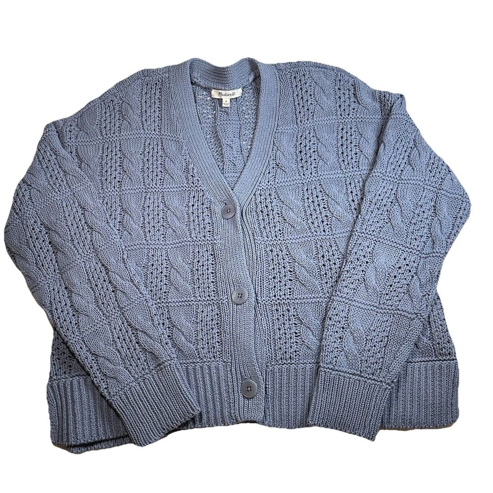 Madewell Blue Open Stitch Cable Knit Cotton Cardigan Sweater Sz M Timeless Cold - Picture 2 of 10